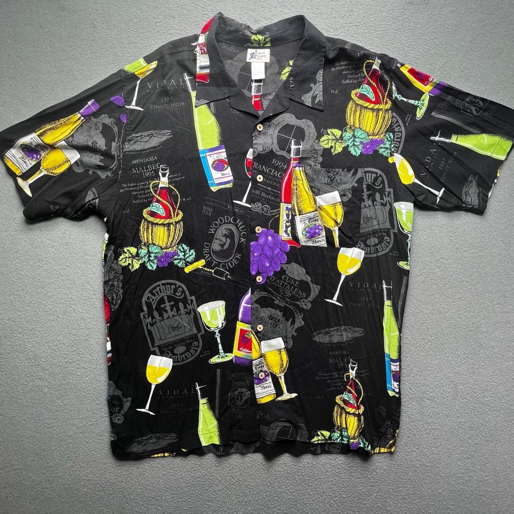 Cherokee Men Shirt Rayon Wine Bottle Cider Print XL Black Hawaiian Aloha VTG